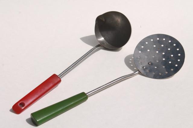 photo of vintage ladle & skimmer, kitchen utensils w/ red & green catalin bakelite handles #1