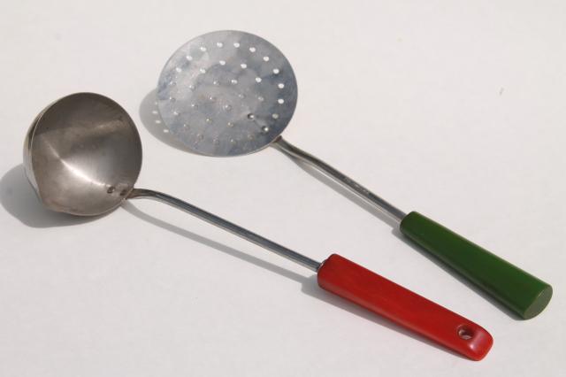 photo of vintage ladle & skimmer, kitchen utensils w/ red & green catalin bakelite handles #2