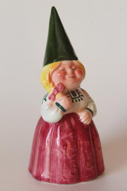 photo of vintage lady gnome wife bell, 1970s Poortvliet and Huygen Gnomes ceramic figurine #1