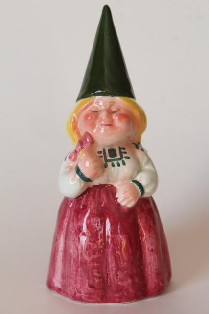 photo of vintage lady gnome wife bell, 1970s Poortvliet and Huygen Gnomes ceramic figurine #2