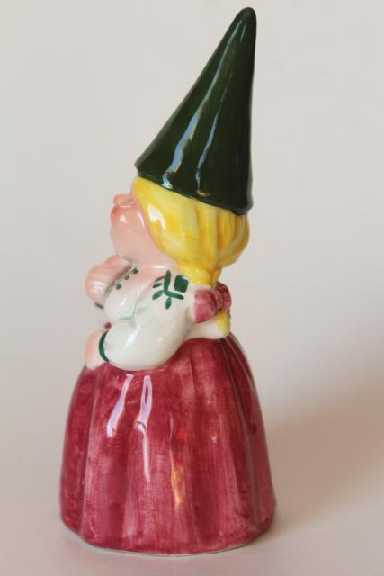 photo of vintage lady gnome wife bell, 1970s Poortvliet and Huygen Gnomes ceramic figurine #3