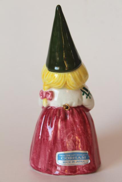 photo of vintage lady gnome wife bell, 1970s Poortvliet and Huygen Gnomes ceramic figurine #4