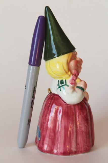 photo of vintage lady gnome wife bell, 1970s Poortvliet and Huygen Gnomes ceramic figurine #5