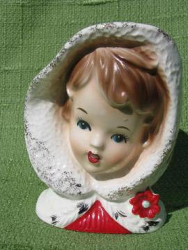 catalog photo of vintage lady head vase, Christmas girl in hood, Inarco - Japan