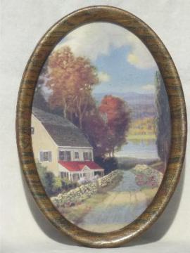 catalog photo of vintage lake cottage scene, oval framed print in antique tiger grained metal frame