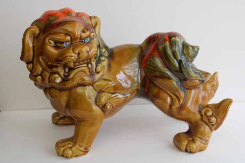 photo of vintage large ceramic foo dog, lion fu w/ rhinestone eyes, mod 60s style chinoiserie #1