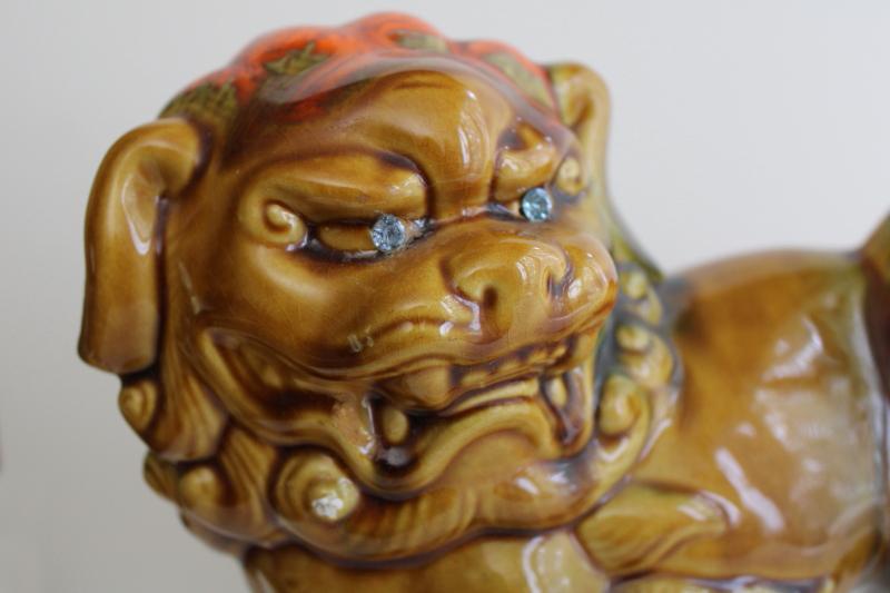 photo of vintage large ceramic foo dog, lion fu w/ rhinestone eyes, mod 60s style chinoiserie #2