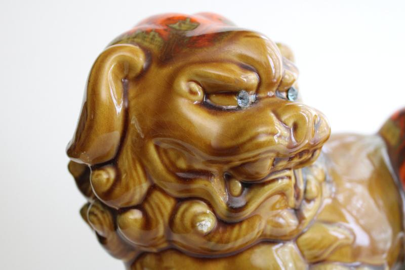 photo of vintage large ceramic foo dog, lion fu w/ rhinestone eyes, mod 60s style chinoiserie #7