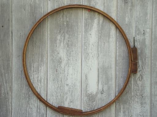 photo of vintage large wood hoop needlework frame, old Gibbs label quilting frame #1