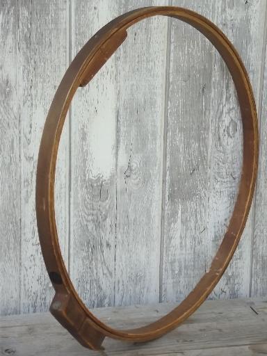 photo of vintage large wood hoop needlework frame, old Gibbs label quilting frame #2