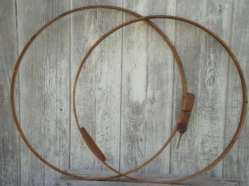 photo of vintage large wood hoop needlework frame, old Gibbs label quilting frame #5