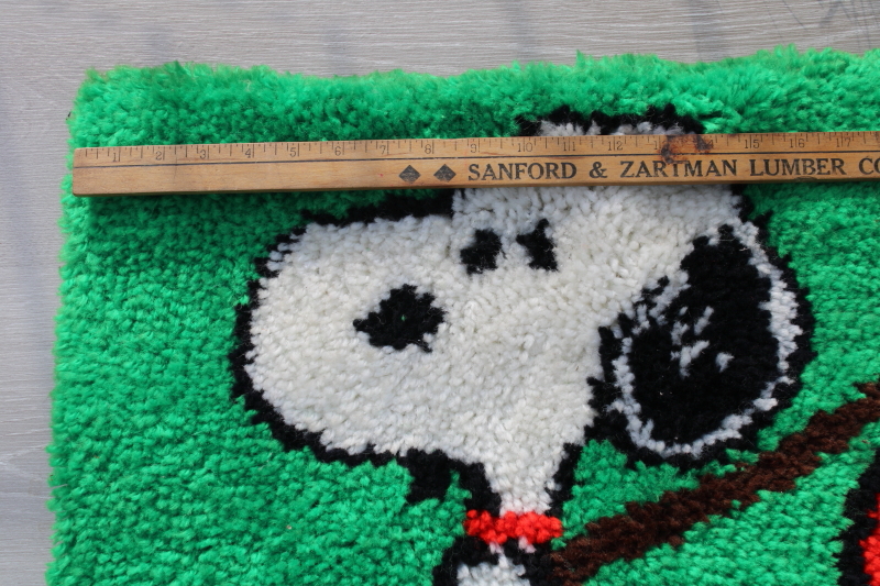 photo of vintage latch hook shag rug wall hanging, Snoopy the traveler w/ bandana bundle on stick #2