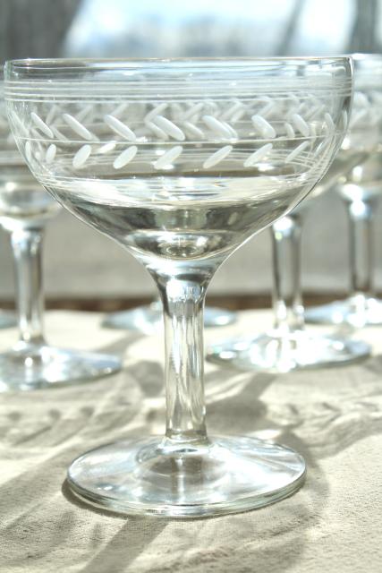 photo of vintage laurel band vintage wheel cut etched glass champagne glasses, coupe champagnes #2