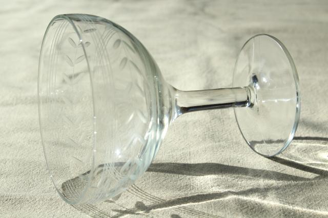 photo of vintage laurel band vintage wheel cut etched glass champagne glasses, coupe champagnes #4