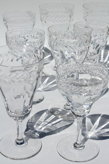 photo of vintage laurel wreath wine & champagne glasses, Bryce etched optic glass goblets #1