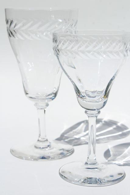 photo of vintage laurel wreath wine & champagne glasses, Bryce etched optic glass goblets #3