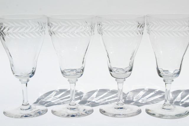 photo of vintage laurel wreath wine & champagne glasses, Bryce etched optic glass goblets #7