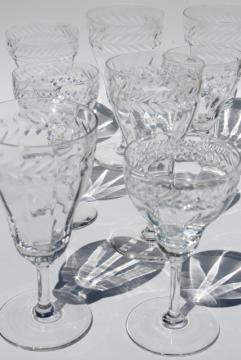 catalog photo of vintage laurel wreath wine & champagne glasses, Bryce etched optic glass goblets