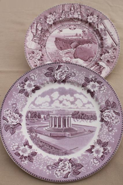 photo of vintage lavender purple transferware print souvenir plates, old English Staffordshire china #1