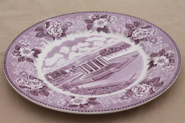 photo of vintage lavender purple transferware print souvenir plates, old English Staffordshire china #2