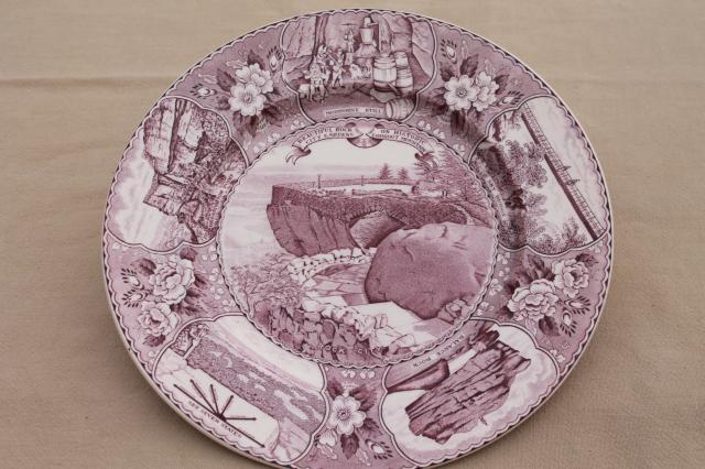 photo of vintage lavender purple transferware print souvenir plates, old English Staffordshire china #5