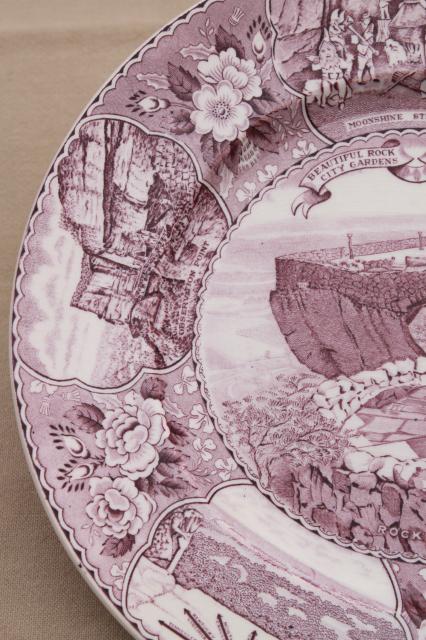 photo of vintage lavender purple transferware print souvenir plates, old English Staffordshire china #7