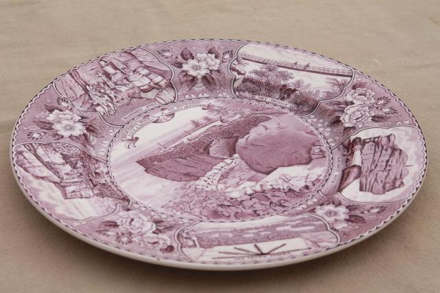 photo of vintage lavender purple transferware print souvenir plates, old English Staffordshire china #8