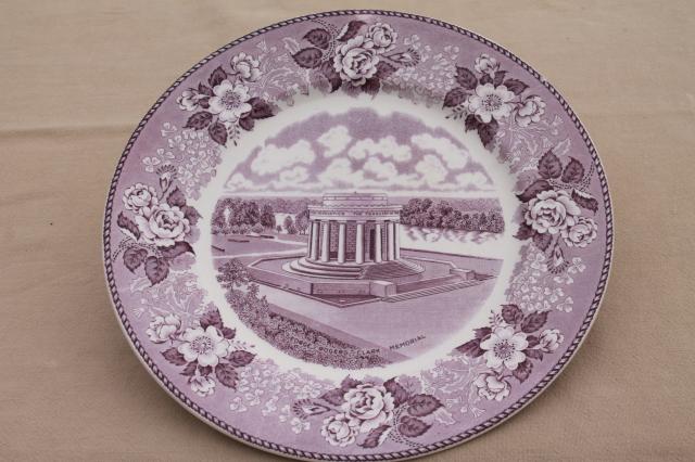 photo of vintage lavender purple transferware print souvenir plates, old English Staffordshire china #10