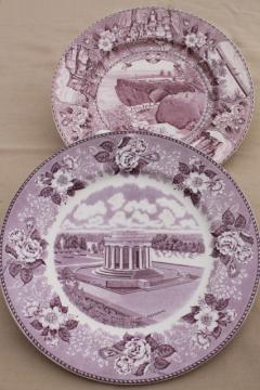 catalog photo of vintage lavender purple transferware print souvenir plates, old English Staffordshire china