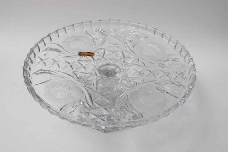 photo of vintage lead crystal cake stand made in Italy, clear glass w/ cut flowers pattern #1