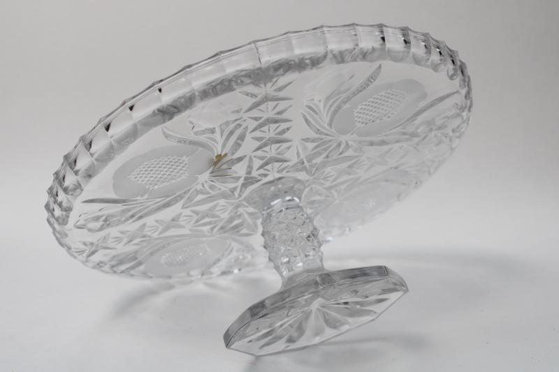 photo of vintage lead crystal cake stand made in Italy, clear glass w/ cut flowers pattern #3