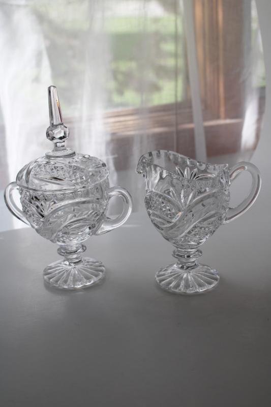 photo of vintage lead crystal cream & sugar set, diamond point and laurel band #1