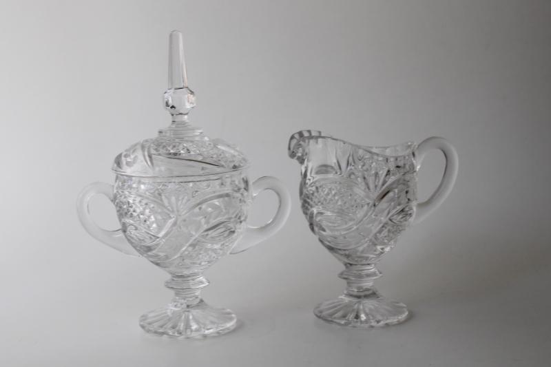 photo of vintage lead crystal cream & sugar set, diamond point and laurel band #2