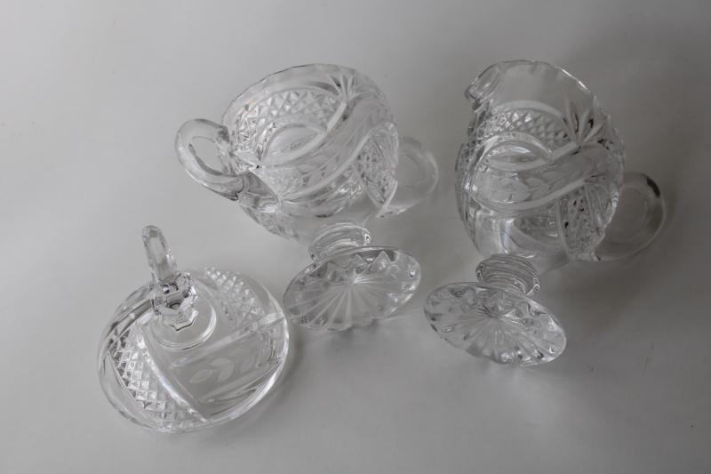 photo of vintage lead crystal cream & sugar set, diamond point and laurel band #4