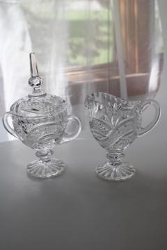 catalog photo of vintage lead crystal cream & sugar set, diamond point and laurel band