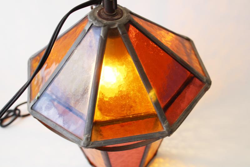 photo of vintage leaded stained amber glass lantern hanging light pendant or swag lamp #2