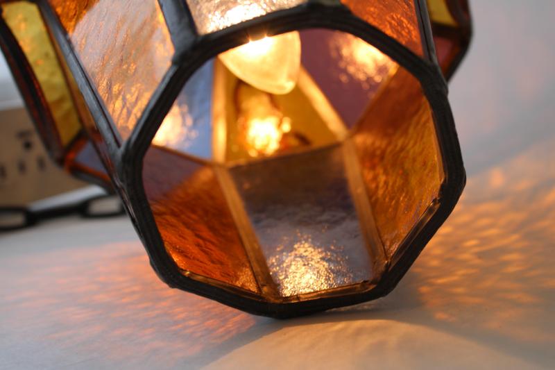 photo of vintage leaded stained amber glass lantern hanging light pendant or swag lamp #3