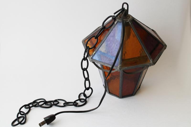 photo of vintage leaded stained amber glass lantern hanging light pendant or swag lamp #5