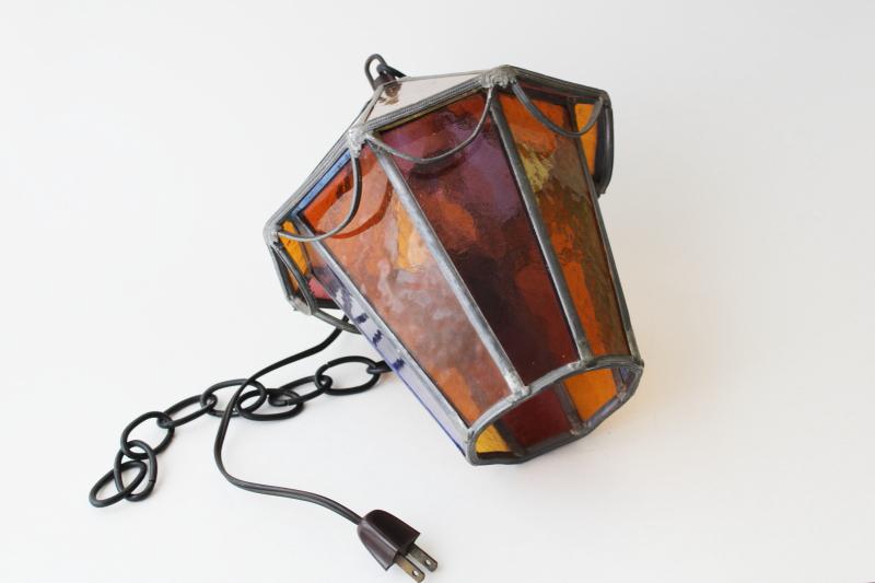 photo of vintage leaded stained amber glass lantern hanging light pendant or swag lamp #6