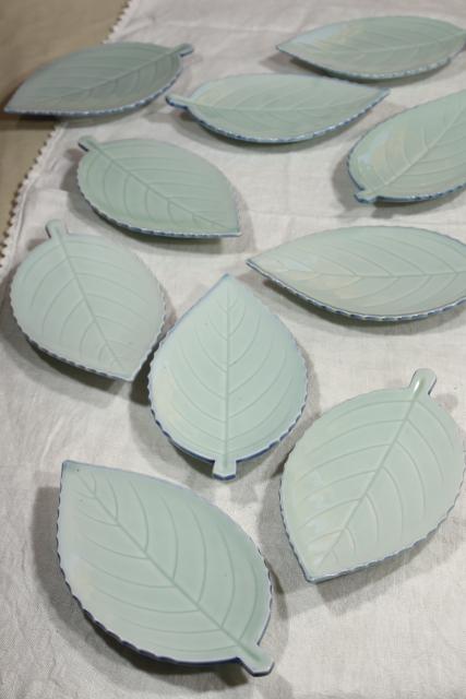 photo of vintage leaf shaped dishes or side plates, celadon pottery leaves, duck egg green China chop mark #1