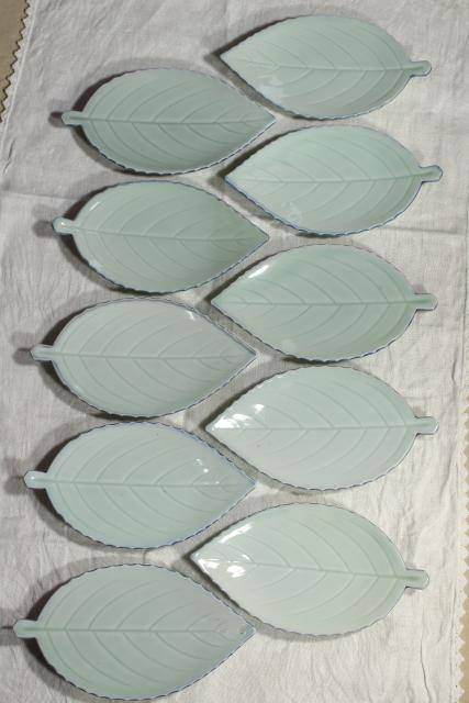 photo of vintage leaf shaped dishes or side plates, celadon pottery leaves, duck egg green China chop mark #3