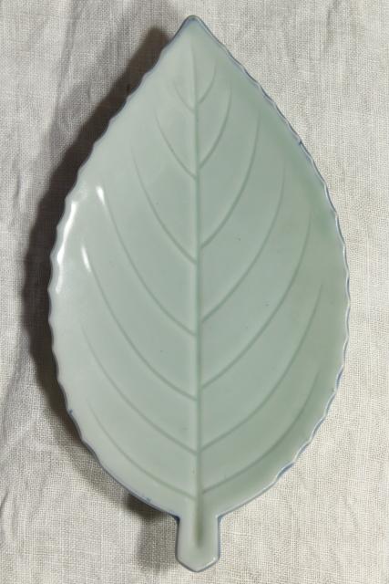 photo of vintage leaf shaped dishes or side plates, celadon pottery leaves, duck egg green China chop mark #4