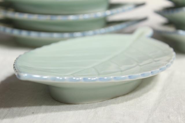 photo of vintage leaf shaped dishes or side plates, celadon pottery leaves, duck egg green China chop mark #6