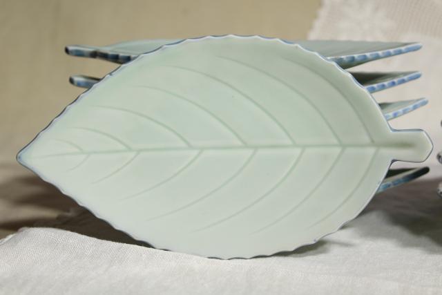 photo of vintage leaf shaped dishes or side plates, celadon pottery leaves, duck egg green China chop mark #7