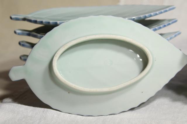 photo of vintage leaf shaped dishes or side plates, celadon pottery leaves, duck egg green China chop mark #8