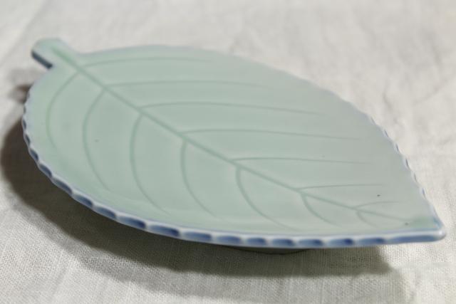 photo of vintage leaf shaped dishes or side plates, celadon pottery leaves, duck egg green China chop mark #9