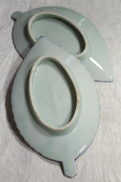 photo of vintage leaf shaped dishes or side plates, celadon pottery leaves, duck egg green China chop mark #10