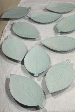 vintage leaf shaped dishes or side plates, celadon pottery leaves, duck egg green China chop mark