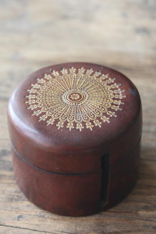 photo of vintage leather desk accessory, little round box postage stamps roll holder dispenser #1