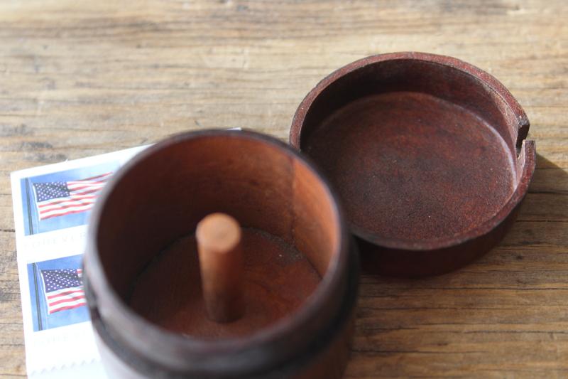 photo of vintage leather desk accessory, little round box postage stamps roll holder dispenser #2